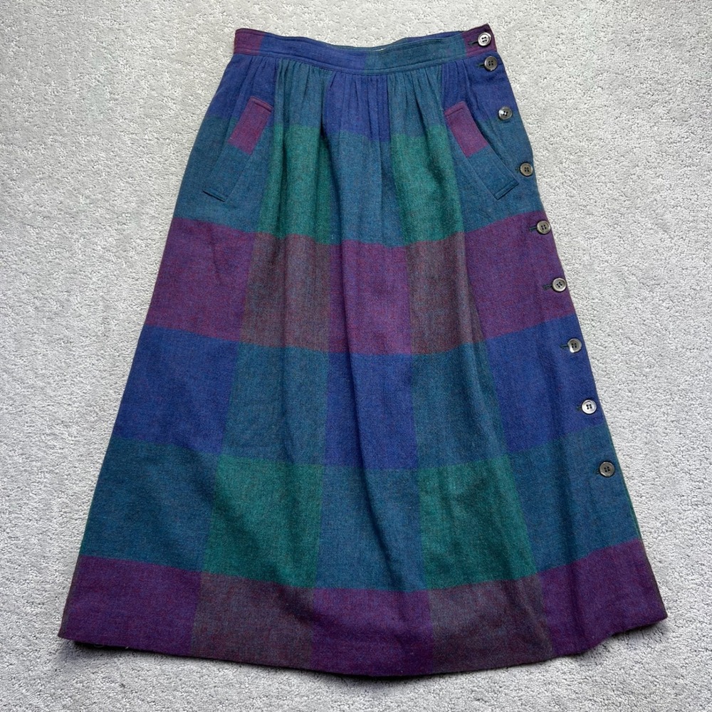 VINTAGE Liz Claiborne Midi Skirt Womens 14 Blue Purple Green Wool Blend Plaid